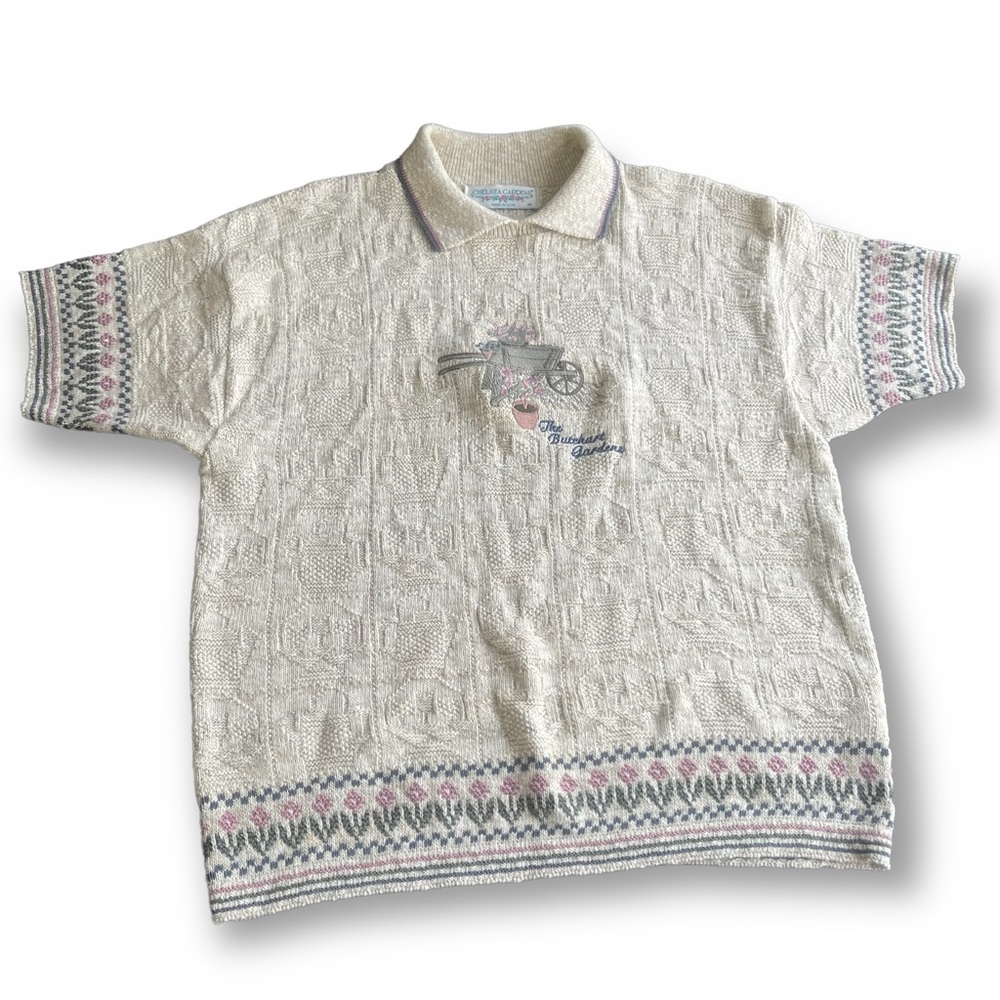 Vtg Cottagecore Cream Floral Textured Collar Sweater  Sz M Grandmacore 80s